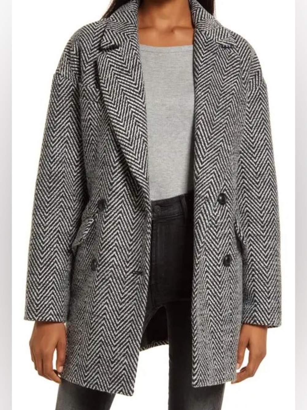 Treasure & Bond Black and White Herringbone Double-Breasted Coat little over